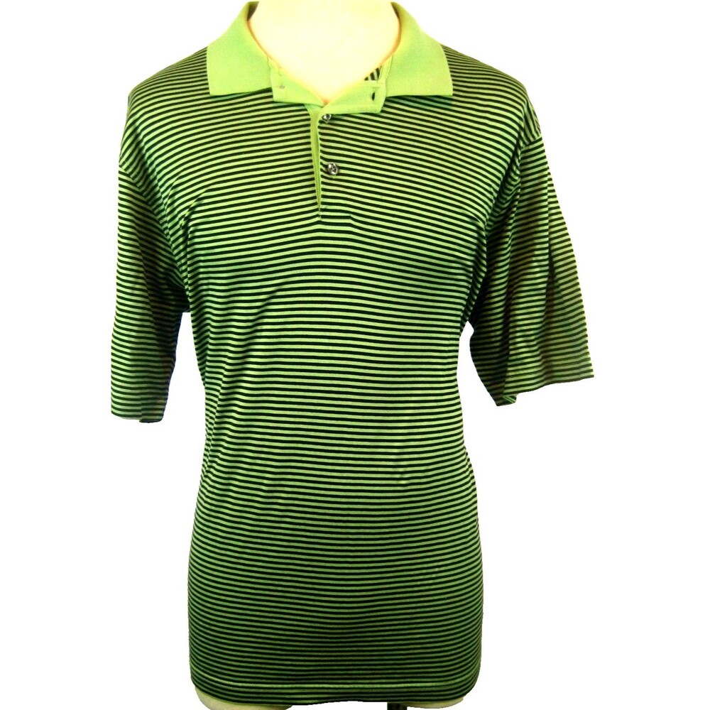 Mens Kenneth Roberts Green Striped Cotton Golf Polo Casual Shirt sz L
